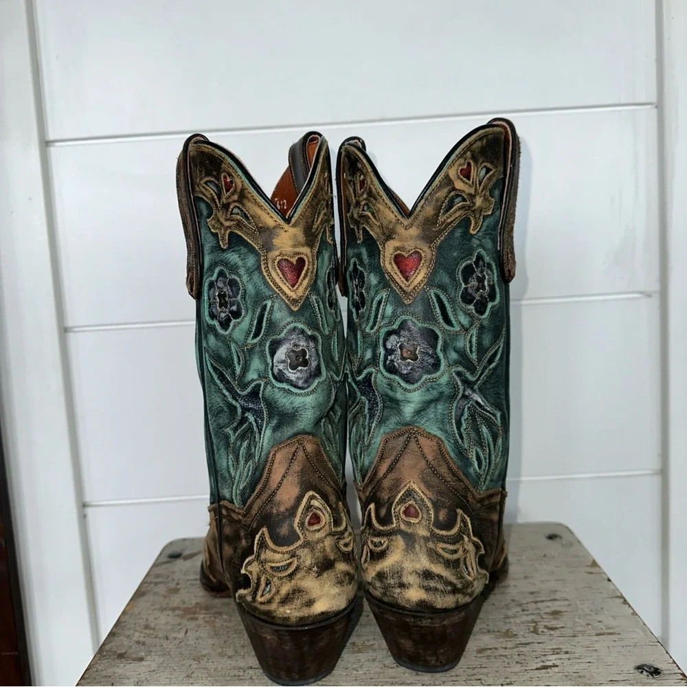 Dan Post Miss Kate Distressed Brown Teal Blue bird  Wing Tip Cowboy Boots Sz 7 - Picture 4 of 7